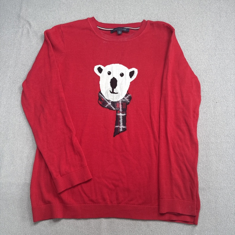 Tommy Hilfiger Womens Red Polar Bear Scarf Sweater L Cotton Knit Holiday Sweater